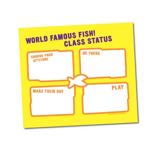 Sæt et mål for jeres FISH! niveau i klasseværelset. Plakaten hjælper med at gøre det tydeligt og I kan nemt viske ud og skrive nye mål. Pakken indeholder 4 plakater. Plakaten er på engelsk og passer derfor også til engelsk undervisning.