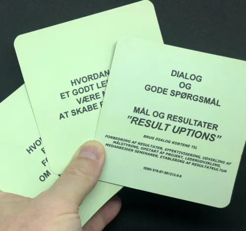 Card game with 36 cards in danish which are suitable for improving results, streamlining, developing goal management, starting a project, leadership development, employee seminars, establishing a results culture.