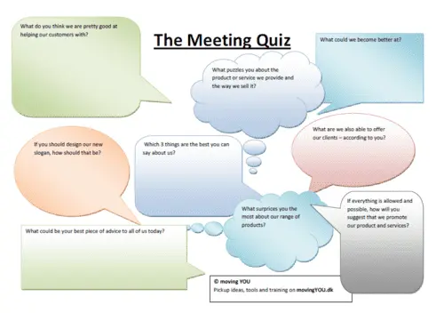 The Meeting Quiz is a 'Worksheet' you can use as 'New Eyes', 'Foreign Eyes' or 'Old Eyes'. The worksheet is equivalent to inviting a stranger to your meeting. You can also invite someone who knows a little bit about your industry. Or you can use your team and their 'tanned eyes' to take a thorough look at yourself.