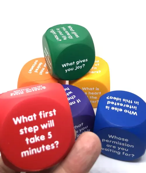 Coaching Cubes consist of 6 different colored, soft cubes with 6 coaching questions on each. Each color has its background and there are several methods for using the Coaching Cubes.