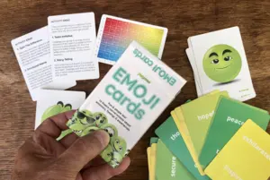 Gør-det-selv EMOJI Cards om produktive følelser med 54 kort der rummer masser af positiv energi som teamet kan tale kvikt om